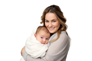 Portrait of mom holding baby with her arms isolated on transparent png background, love moment, newborn sleeping tenderly in arms, cute little infant.