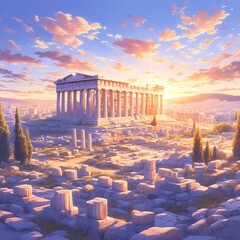 Illuminated Ancient Greek Temple against a Radiant Sunrise