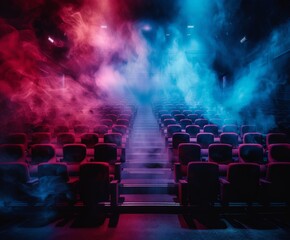 Empty auditorium filled with red and blue smoke