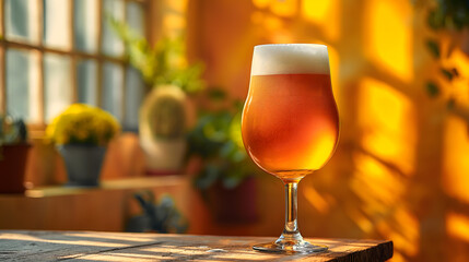 Refreshing Craft Beer in Elegant Glasses with Luscious Fruit Background - obrazy, fototapety, plakaty