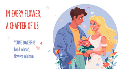 Cheerful boy gives flower to sweet blond girl. First love concept poster. Vector flat illustration