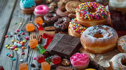 Assortment of products with high sugar level like candies gummy, candies donuts, soda chocolate ,lollipop wafers and cupcakes on rustic wooden table