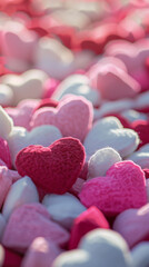 A whimsical scene unfolds with thousands of white and pink linen hearts scattered across the sky, portraying both halves and whole hearts. This enchanting display creates a dreamy atmosphere