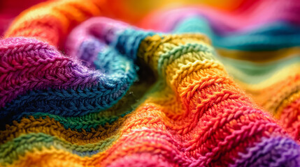 Knitted Fabric, Rainbow Color Stripes, Crocheted DIY Craft. Handmade Clothes, Home Decor. Woven Texture, Minimal Design. Hobby, Art Class, Creativity. LGBTQ+ Flag, Pride, Equality, Diversity.