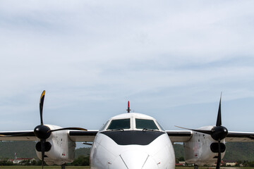 View of the propeller airplane at the airport of Laos
