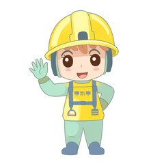 a guy wearing an overall and a security helmet, he's very happy and saying hi, character, illustration, kawaii сreated with Generative Ai