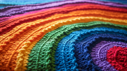 Knitted Fabric, Rainbow Color Stripes, Crocheted DIY Craft. Handmade Carpet, Home Decor. Woven Texture, Minimal Design. Hobby, Art Class, Creativity. LGBTQ+ Pride, Equality, Diversity.