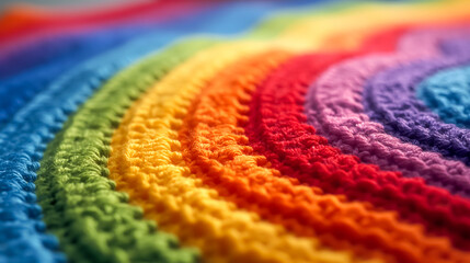 Knitted Fabric, Rainbow Color Stripes, Crocheted DIY Craft. Handmade Carpet, Home Decor. Woven Texture, Minimal Design. Hobby, Art Class, Creativity. LGBTQ+ Pride, Equality, Diversity.