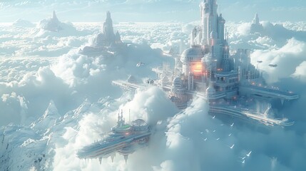 Futuristic city floating over clouds in a breathtaking 3D isometric view, depicting an advanced civilization above the sky - obrazy, fototapety, plakaty