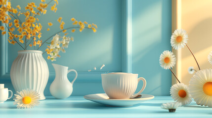 Serene Morning with Coffee and Flowers in Pastel Tones