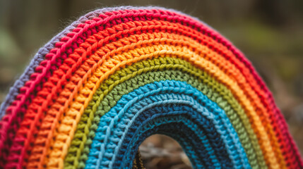 Knitted Rainbow, Crocheted DIY Craft. Handmade Toy, Decoration. Woven Texture, Minimal Design, Natural Colors, Outdoors. Hobby, Art Class, Creativity. LGBTQ+ Pride, Equality, Diversity.