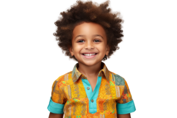 Studio portrait of young African-American little boy with Afro hair, bright colorful shirt and happy smile isolated on transparent png background.