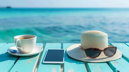 Fototapeta na wymiar Beach hat sunglasses a cup of coffee and smartphone on blue wooden table in a cafe by sea