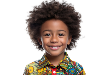 Studio portrait of young African-American little boy with Afro hair, bright colorful shirt and happy smile isolated on transparent png background.