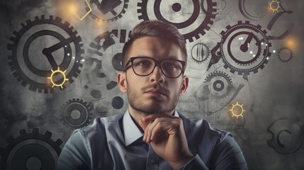 Businessman surrounded by gears and tech symbols, representing a hub of creativity, Innovation Hub