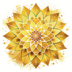 A yellow golden mandala with white petals is drawn in a circle. The flower is surrounded by a pattern of dots