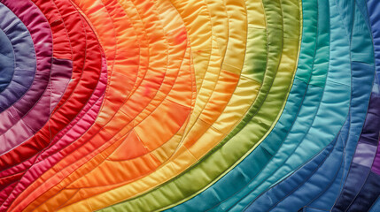 Colorful Rainbow Carpet Close-up. Hand Made Rug, Traditional Tapestry, Blanket, Cover. Art Class, Creative Hobby, DIY Handycraft Masterpiece. Design Upcycling, Recycled Fabric, Geometric Patchwork