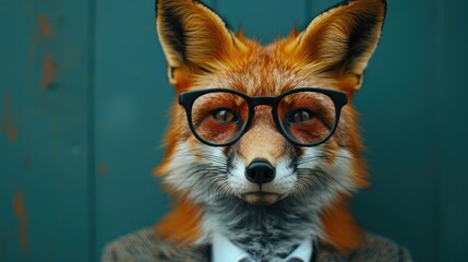 A businessman with a fox head in a business suit and tie, wearing glasses on a blurred background. Wolf character