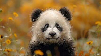 Cute baby panda bear sitting on yellow background. Baby animal.
