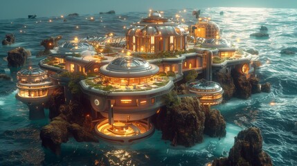 Futuristic orbital habitat settled on rocky islands surrounded by a stormy ocean - obrazy, fototapety, plakaty