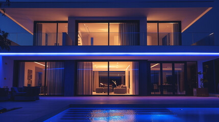 : A mesmerizing view of a contemporary villa adorned with vibrant LED lights shining brightly in the darkness of the night, presenting an aura of modern elegance and sophistication with an empty inter