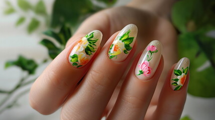 Spring nail art, beauty hand manicure polish nails. Fingernails care closeup