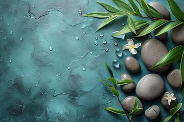 Pebbles and bamboo leaves on a blue background