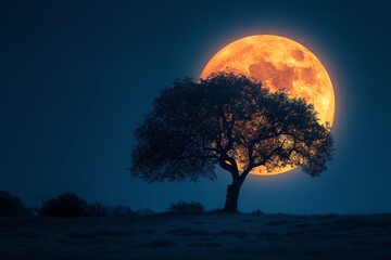 The full moon rises behind a lonely tree.