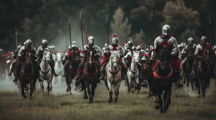 Warhorses rearing in defiance as knights charge forth with lances leveled - obrazy, fototapety, plakaty
