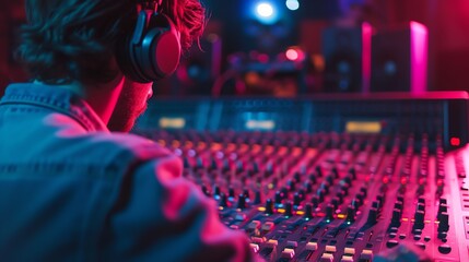 A sound engineer in a recording studio is mixing a song on a large mixing console. - obrazy, fototapety, plakaty