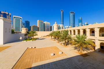 View from the walled walkway of the skyline of downtown Abu Dhabi, from the historic Qasr Al Hosn Fort, the oldest fort in the United Arab Emirates.	