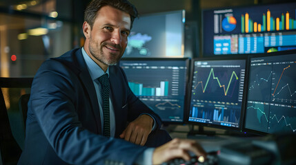 A businessman sits in front of a computer, analyzing graphs and financial data that show the growth of their business. They smiled with satisfaction seeing the increasing numbers