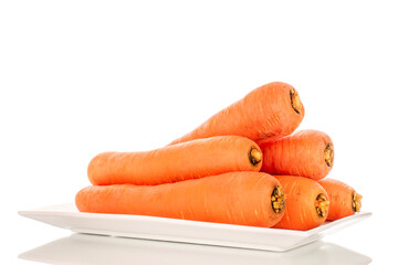 A few sweet carrots on a white ceramic plate, macro, isolated on a white background.