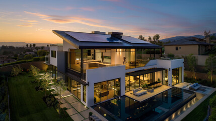 Obraz premium Modern Luxury Home with Solar Panels at Dusk
