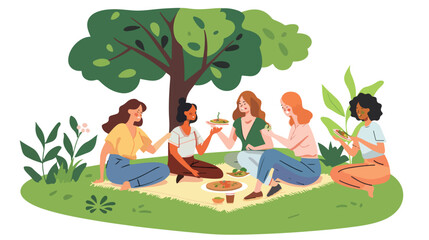 Obraz na płótnie Canvas Women friends gathering for summer picnic in nature.