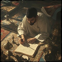 Enlightened Religious Figure Engaged in the Art of Calligraphy, Spiritual Atmosphere - obrazy, fototapety, plakaty
