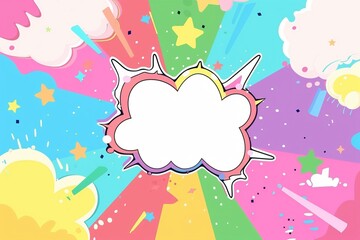 A flat cartoon illustration features a white speech bubble amidst a burst of playful, colorful shapes