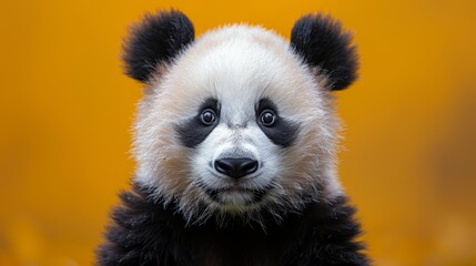 Portrait of a cute panda bear on a yellow background.