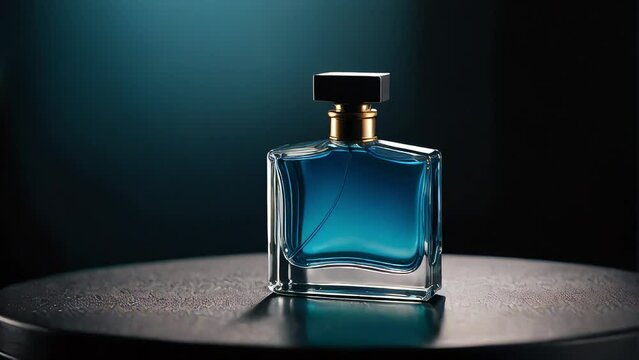 elegant bottle of blue men's perfume on a dark black background, glare of light, mysterious atmosphere, cologne, fragrance, luxury, aroma 