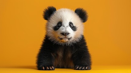 Studio shot of adorable baby panda sitting on yellow background