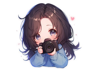 adorable anime chibi girl photographer with black hair with a professional camera on white background - obrazy, fototapety, plakaty