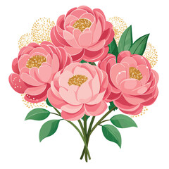 A bouquet of pink peons peony flowers with gold accents. The flowers are arranged in a way that they look like they are in a vase. Scene is one of elegance and sophistication