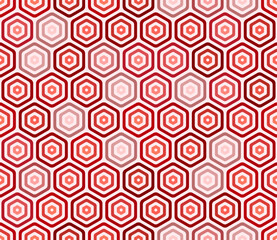 Seamless mosaic background. Red color tones gradients. Bold rounded stacked hexagon cells. Hexagonal cells. Seamless pattern. Tileable vector illustration.