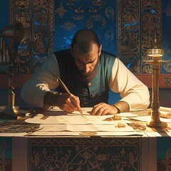 Ancient Scribe Diligently Writing on a Manuscript: A Journey Through Time and Art - obrazy, fototapety, plakaty