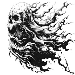 A horror ghost woman tattoo texture design black and white outline illustration. 