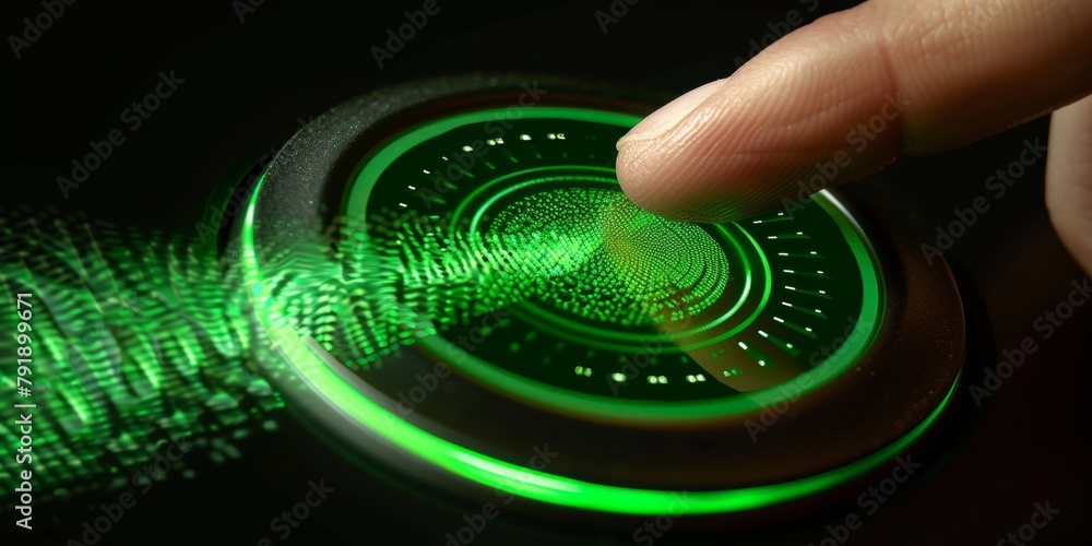 Poster a digital finger scanning button with a human finger on it. futuristic digital biometrics scanning s