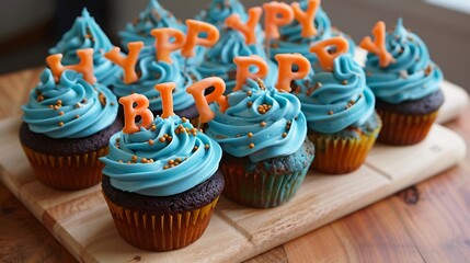 Blue and orange birthday cupcakes spelling happy birthday - Powered by Adobe