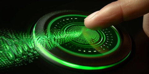A digital finger scanning button with a human finger on it. Futuristic digital biometrics scanning security