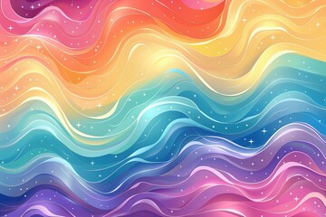 Vibrant, flowing waves and sparkling stars form a seamless retro background pattern. - 791899838