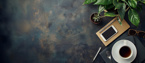 A top view of smartphone and cup of coffee with green plant decoration, empty space or copyspace editable, perfect for wallpaper background or banner backdrop
